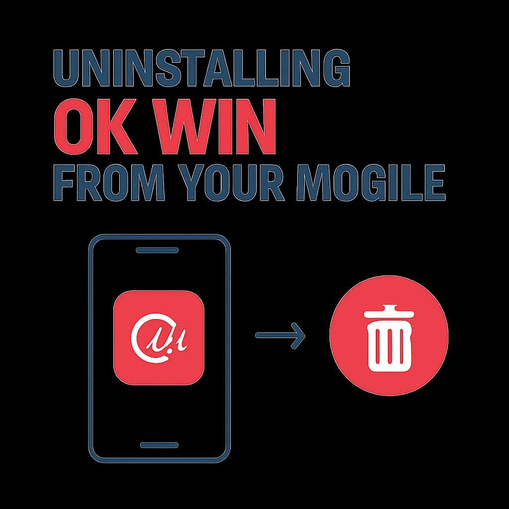 Illustration showing steps to uninstall OK Win from a mobile.
