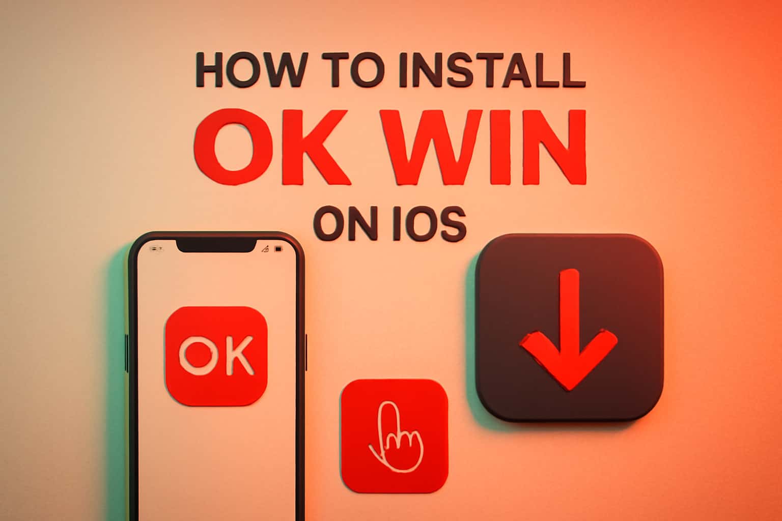 An informative scene depicting the installation process of OK Win on an iOS device.