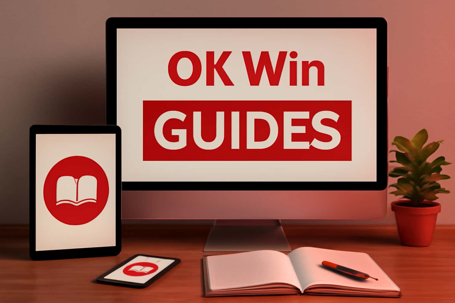 A futuristic design showcasing the OK Win Guides, emphasizing installation and compatibility details.